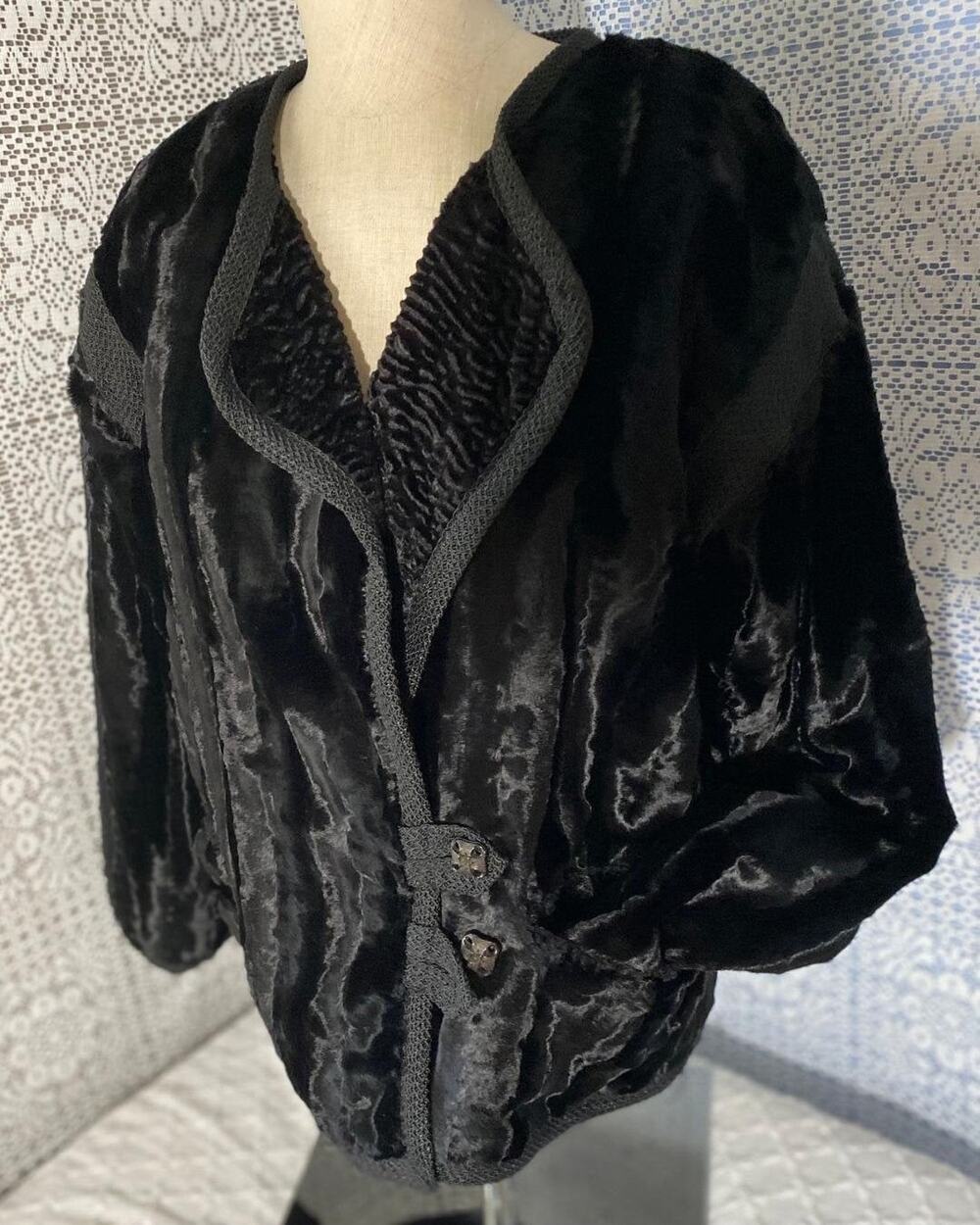 Vtg Blk Faux Crushed Fur Coat, Curly Faux Persian Lambs Wool Reversible Womens L